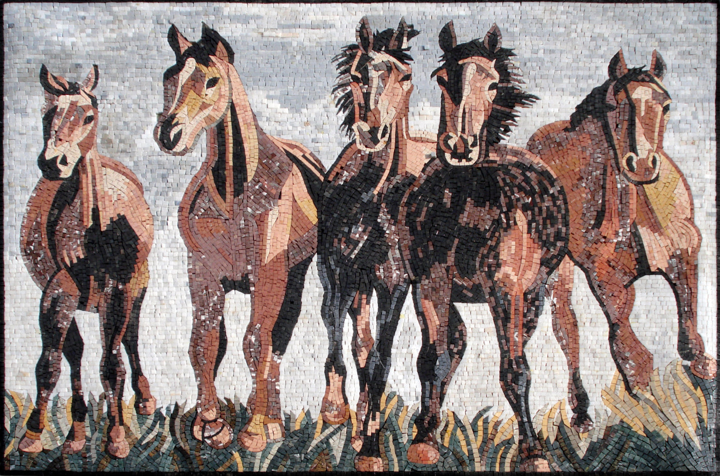Handmade Marble Horse Mosaic Tile Mural: Galloping Horses Wall Art
