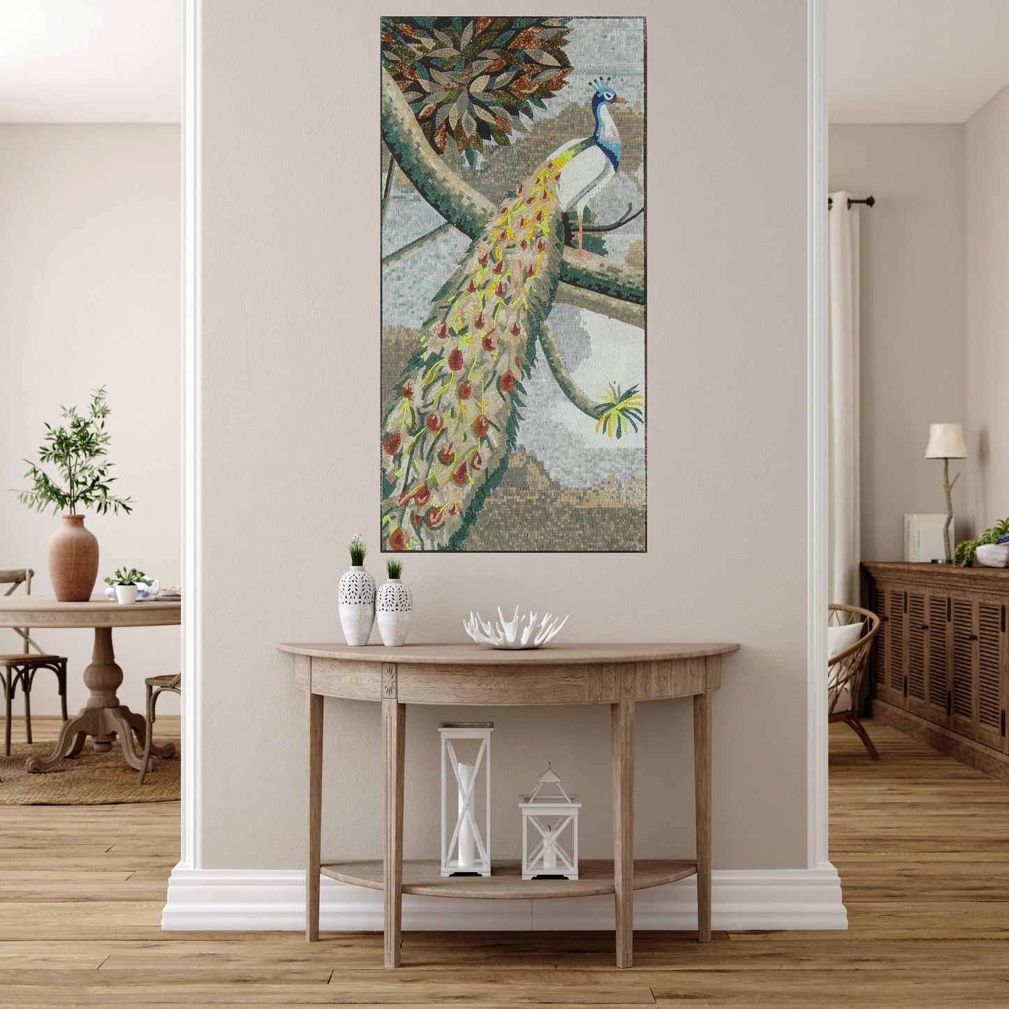 Handmade Peacock Marble Mosaic Tile Art: Wall Decor (52" x 26")