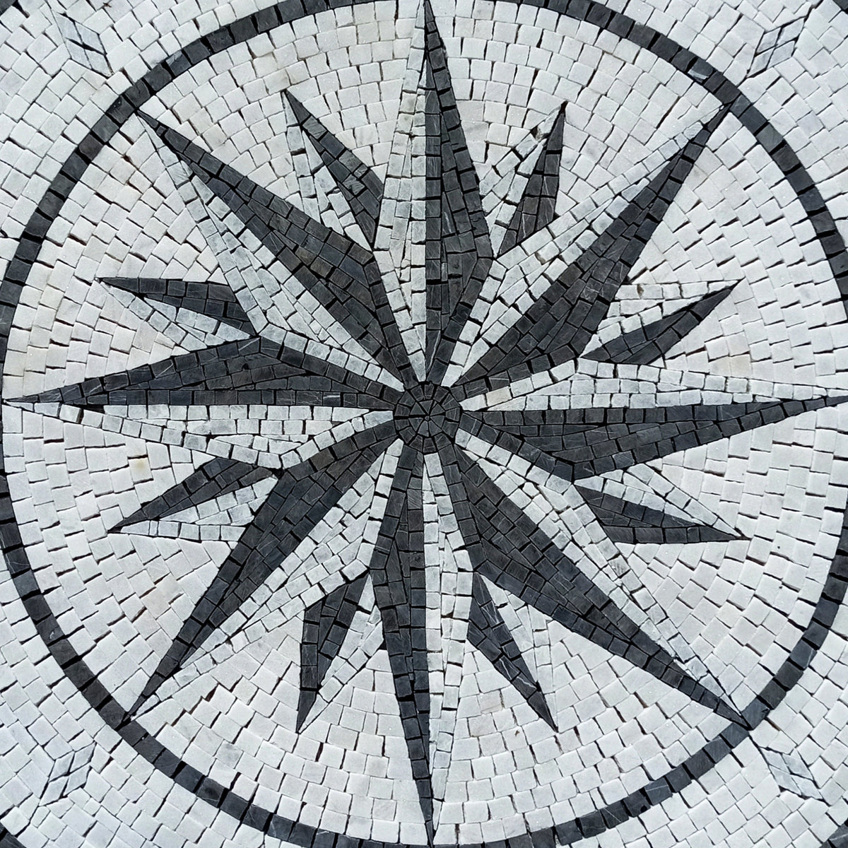 Navigational Beauty - 32-Inch Handmade Compass Bathroom Tile & Pool Medallion Marble Mosaic Art - Customization available