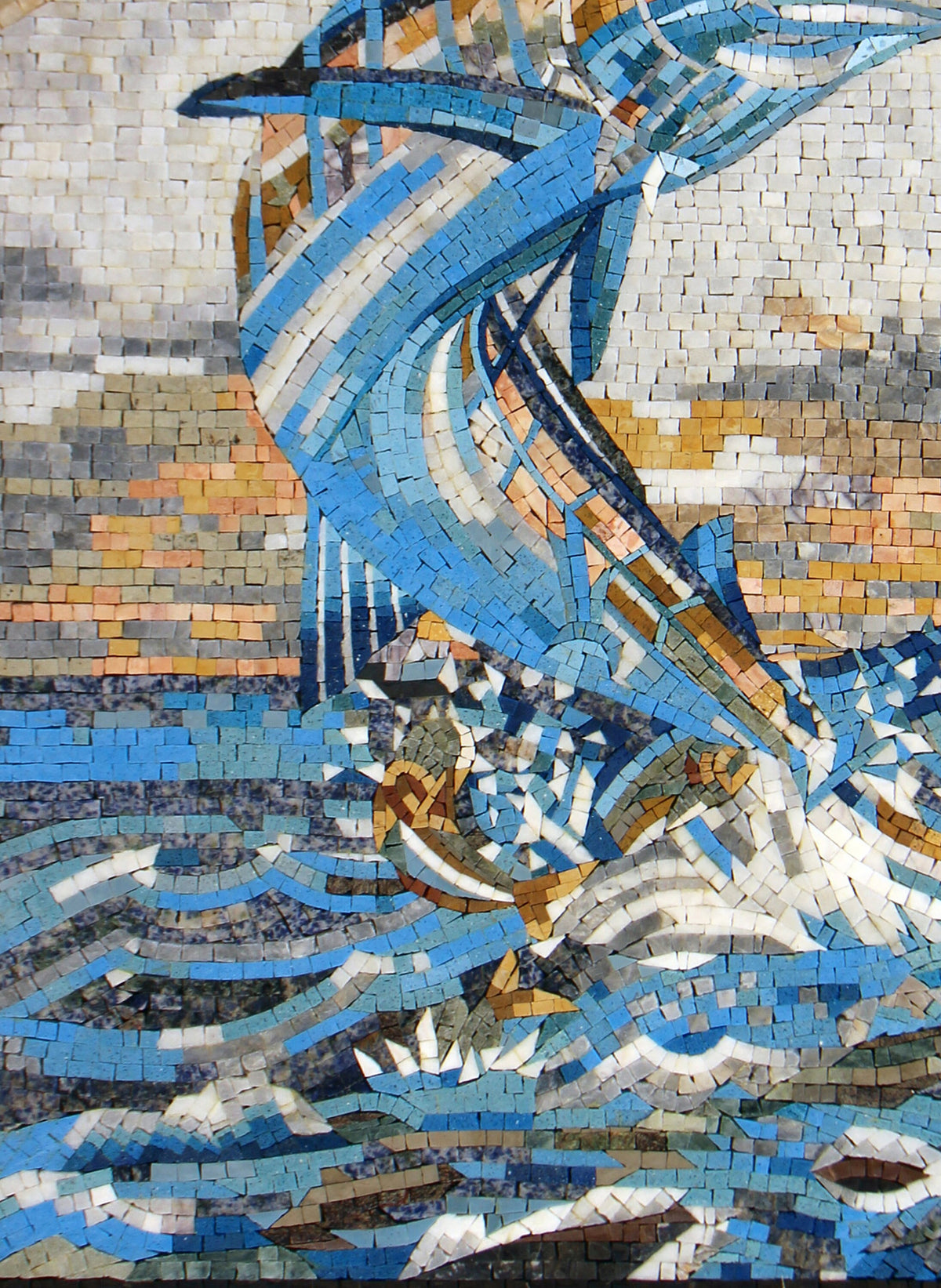 Handmade Swordfish Mosaic Mural: Leaping Marlin Marble Wall Art