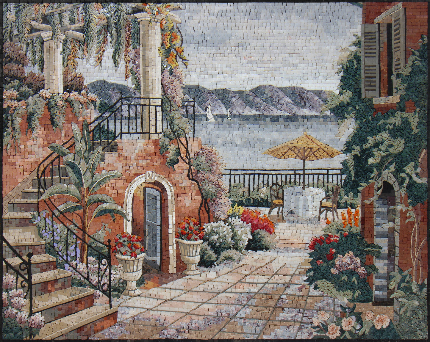 Handmade Seascape Mosaic Tile Art: Vintage Coastal Courtyard (40” x 32”)