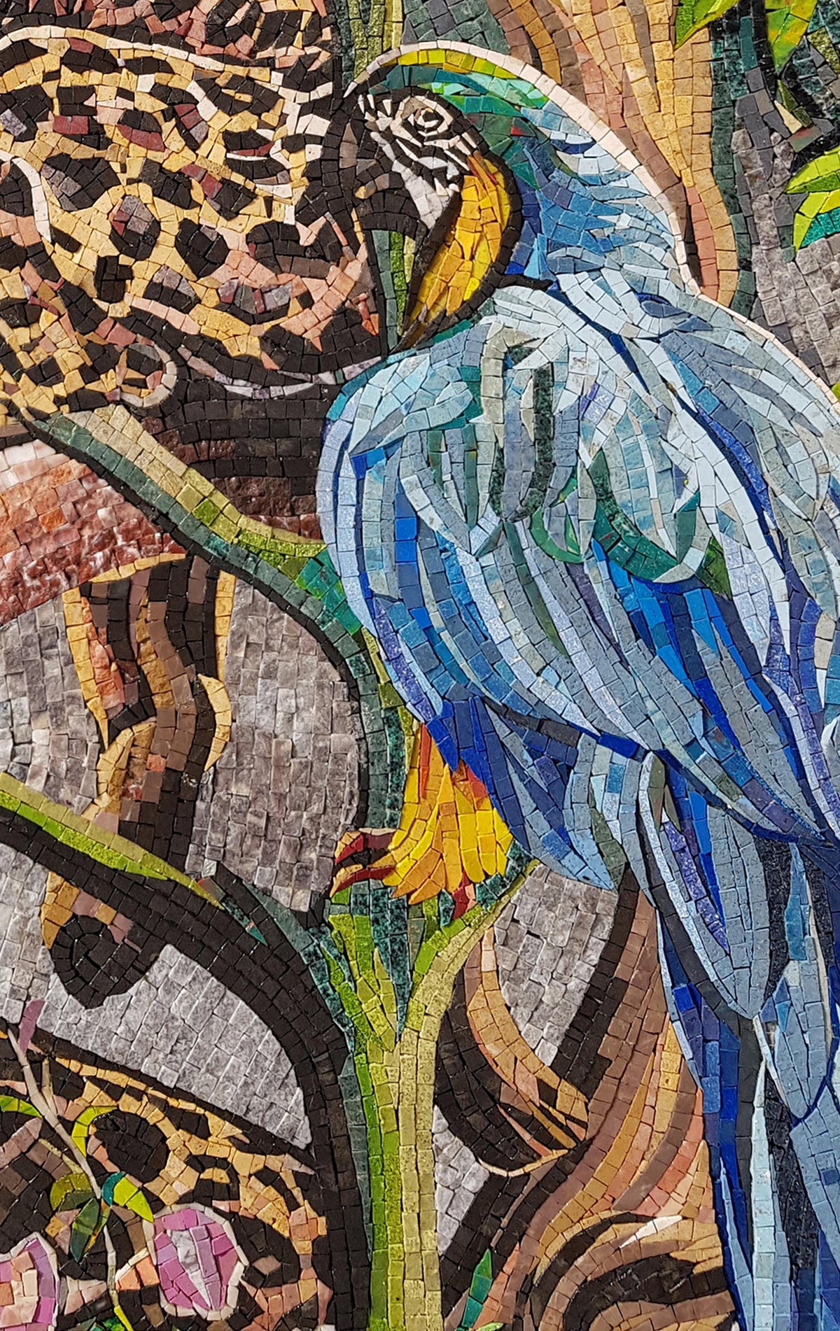 52"x40" Jungle Mosaic Wall Art – Handmade Marble Tile Artwork Featuring Parrots and Tiger, Customization available