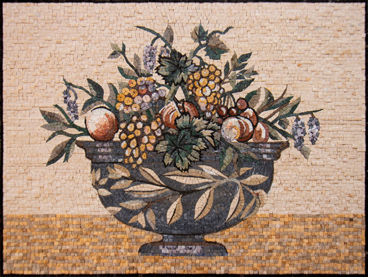 Handmade Fruit Bowl Mosaic: Stone Art Kitchen Backsplash (32” x 24”)