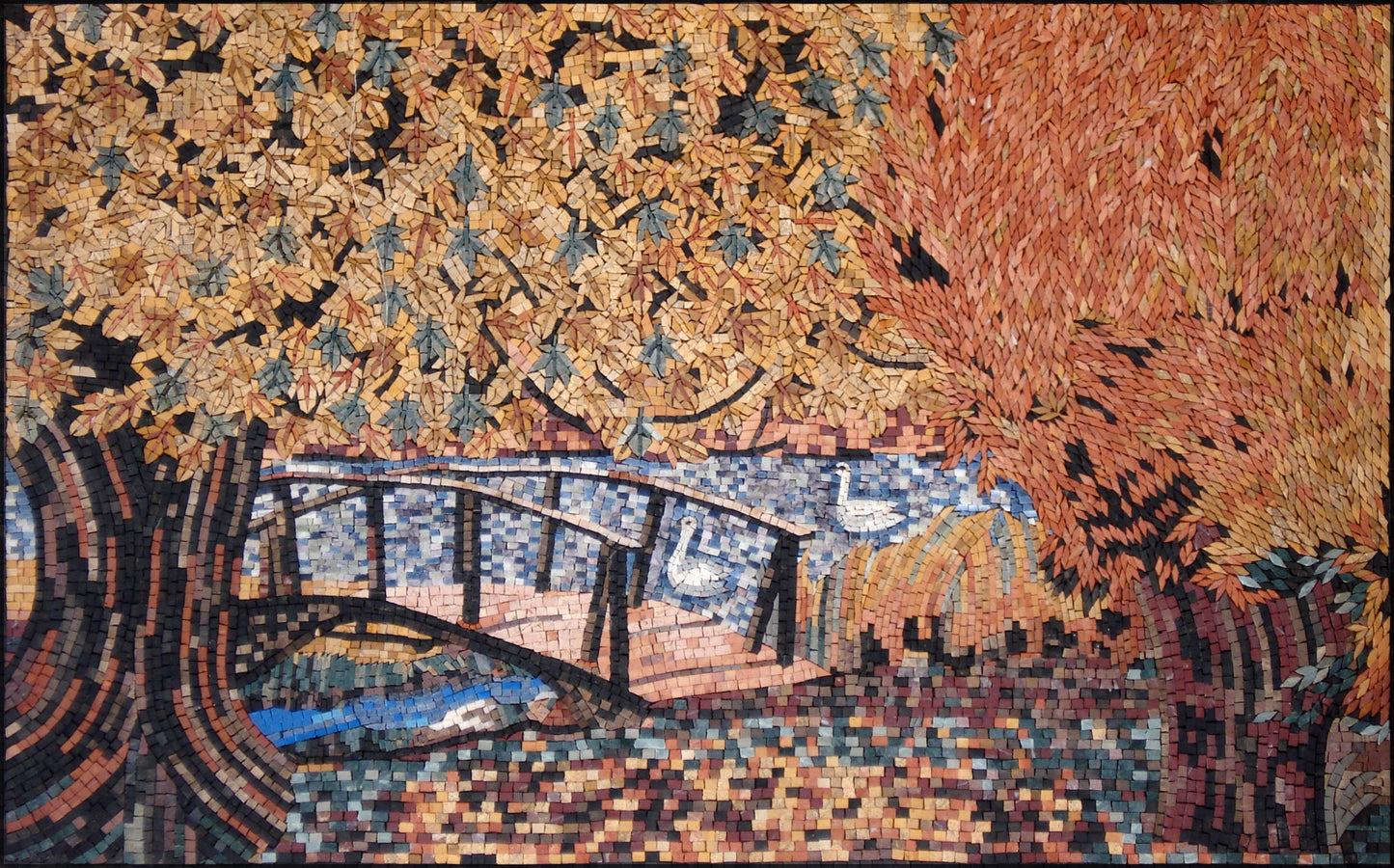 Handmade Autumn Mosaic Tile Art: River Bridge Scene, 50”x32”