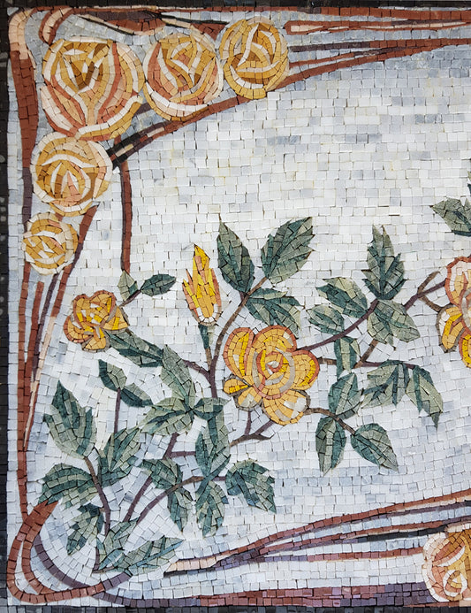 Handmade Marble Mosaic Wall Art: Yellow Roses and Butterfly
