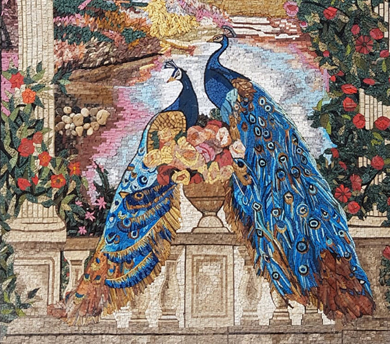 Handmade Peacock Mosaic Tile Art: Botanical Floral Wall Decor (56” x 40")