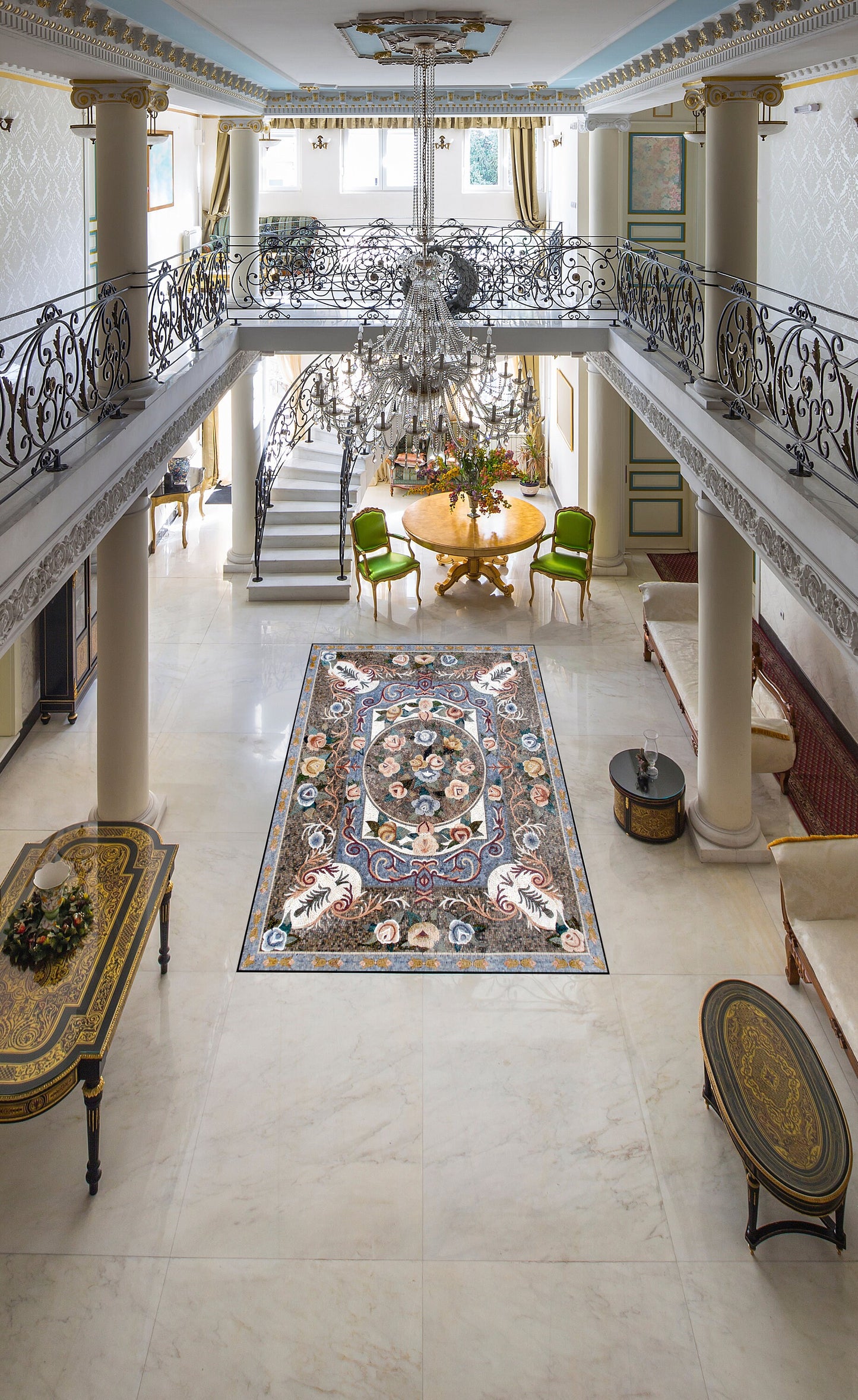 Handmade Flower Art Marble Mosaic Rug: Square Stone Rug (96” x 72")