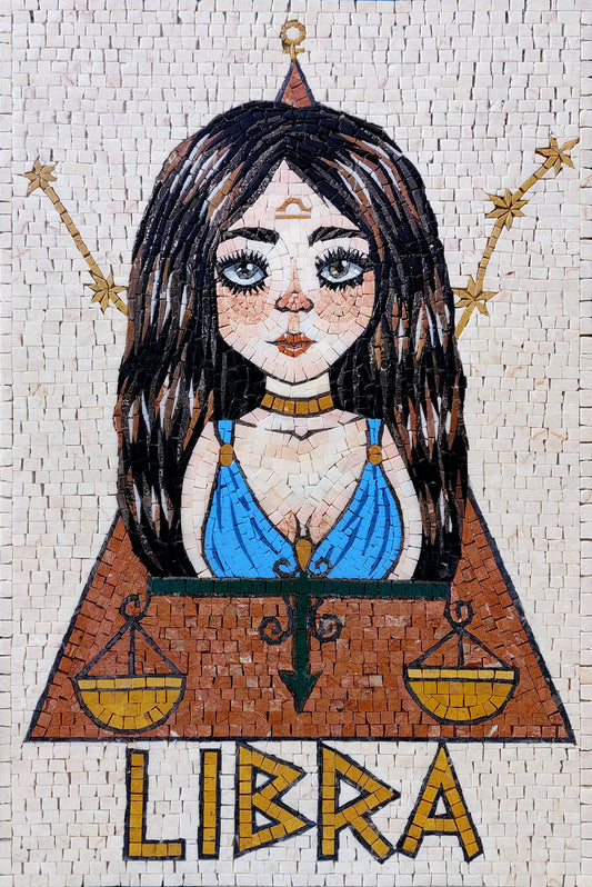 Libra Zodiac Mosaic Tile Art: Handmade Marble Wall Decor