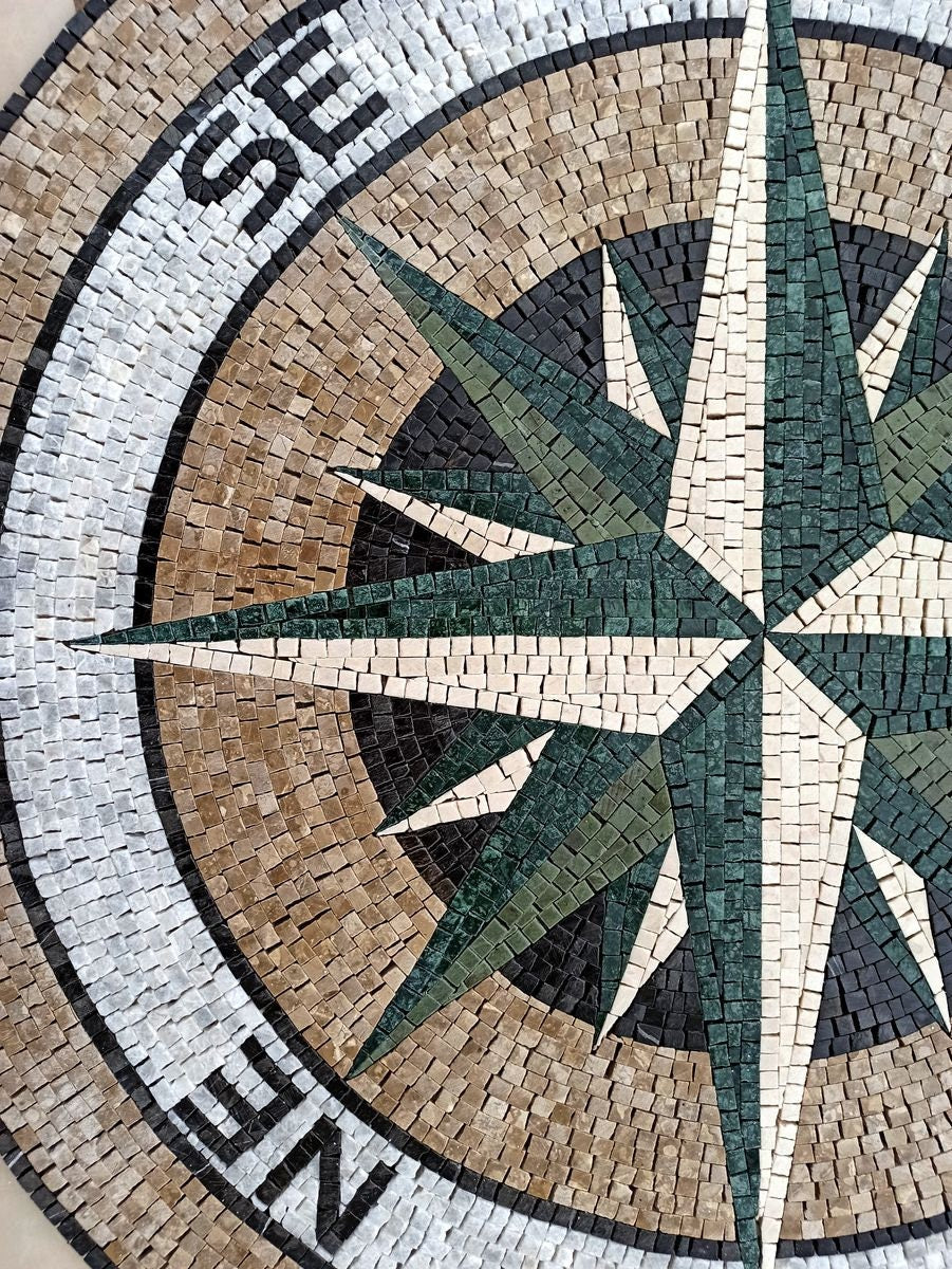 Nautical Sophistication - Mosaic Medallion - Compass Rose Marble Mosaic Flooring Tiles - Customization available