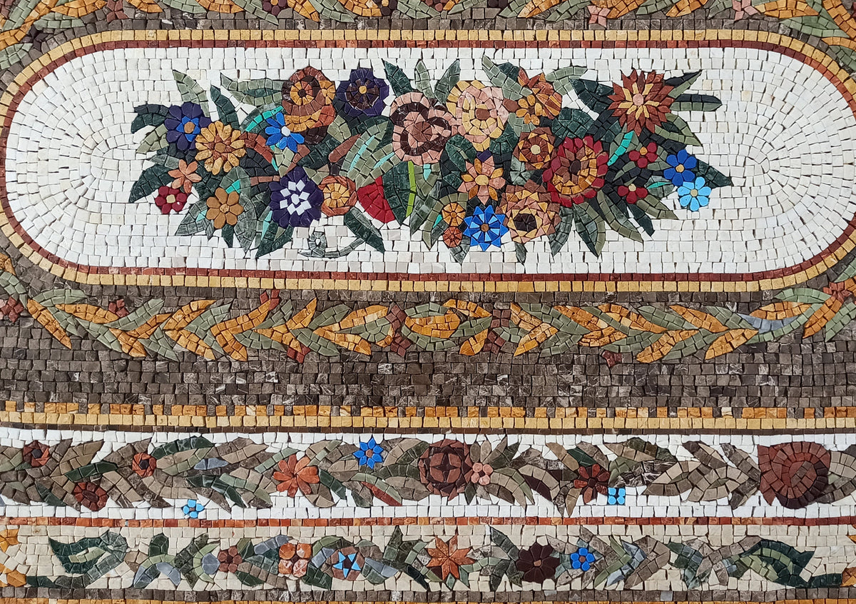 Handmade Marble Stone Mosaic Rug: Floral Art, Large Luxury Rug (108” x 36")