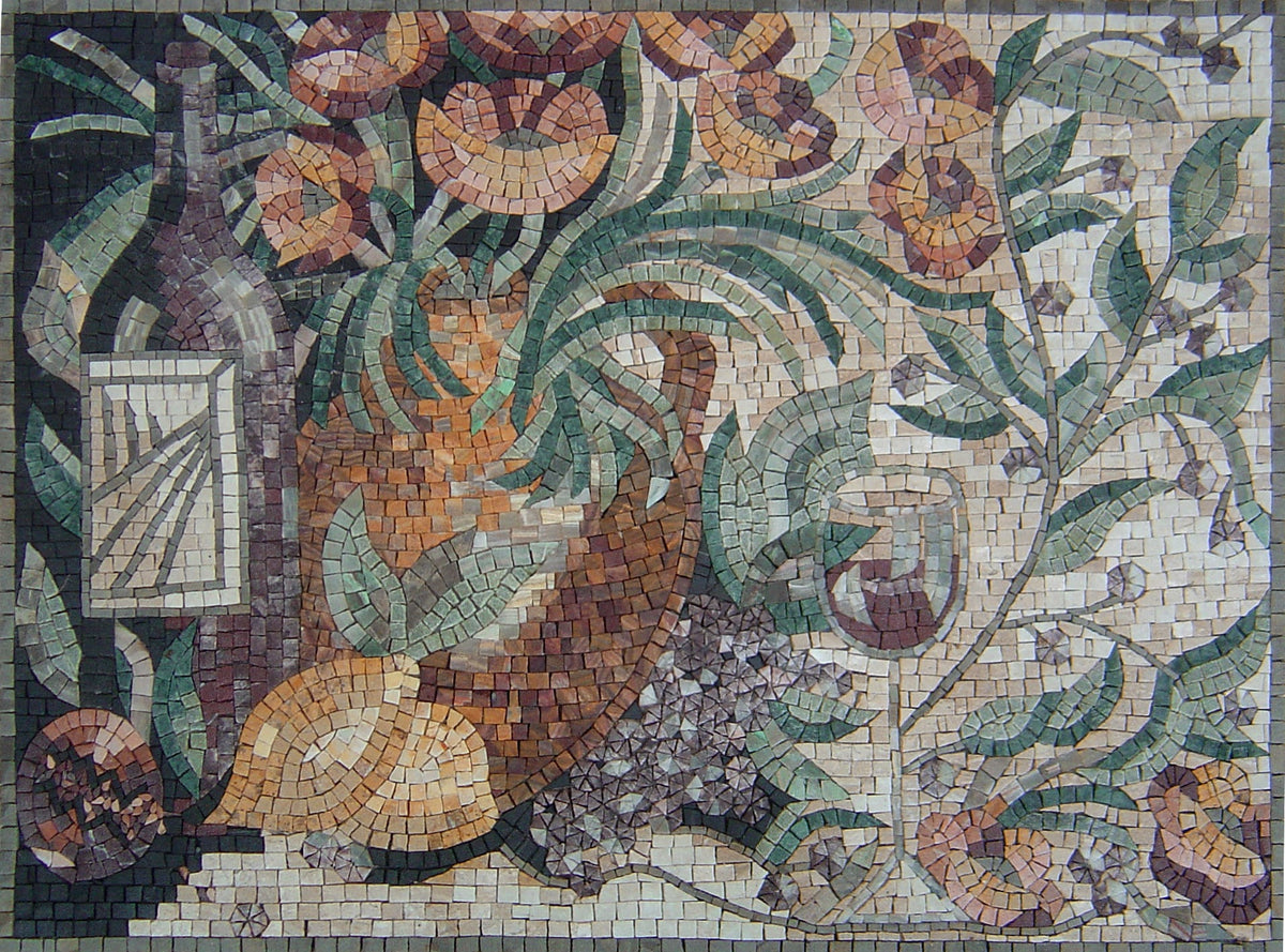 Floral Mosaic Marble Kitchen Backsplash: Handmade Wall Art (32” x 24”)