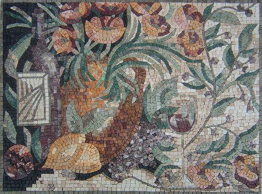 Floral Mosaic Marble Kitchen Backsplash: Handmade Wall Art (32” x 24”)