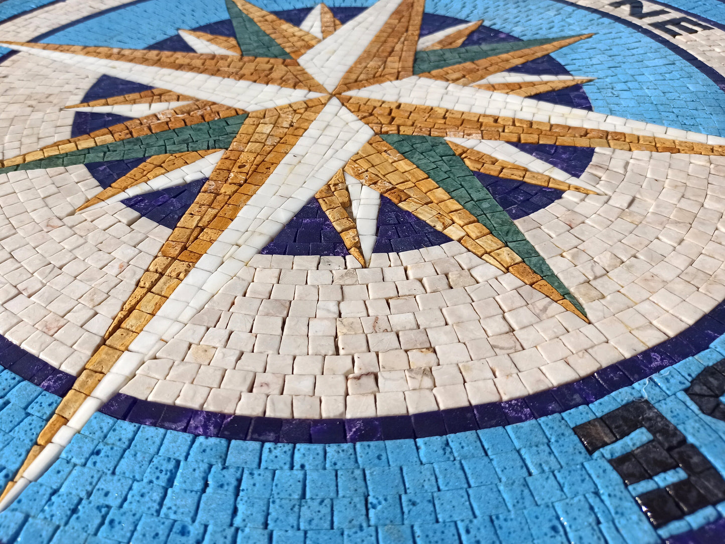 Artisanal Beauty - 32-Inch Handmade Compass & Pool Tile Medallion Marble Mosaic Art - Customization available