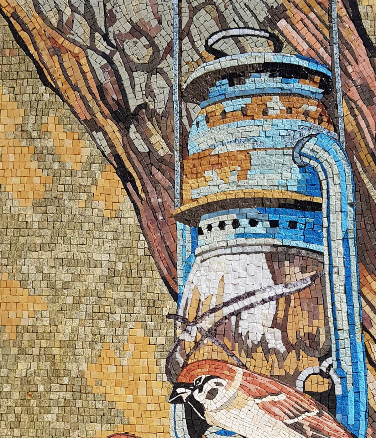 Handmade Nightingale Mosaic Tile Art: Bird on Branch, Marble & Stone (28” x 20”)