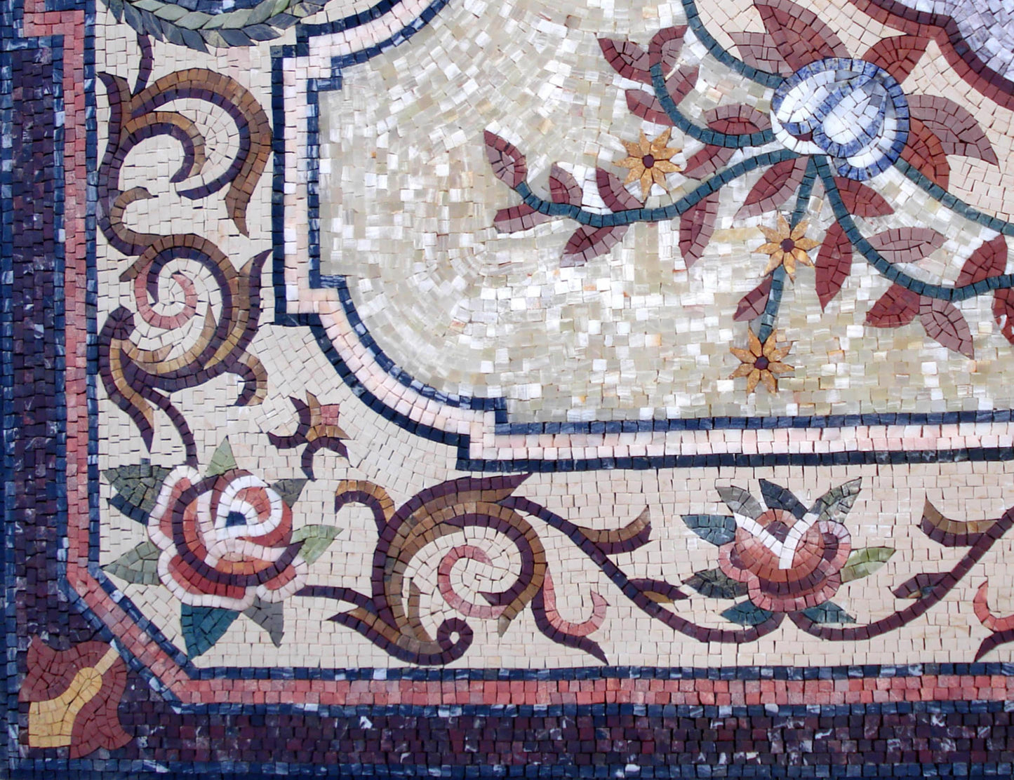 Handmade Marble Mosaic Rug: Floral Medallion Design (96” x 60")