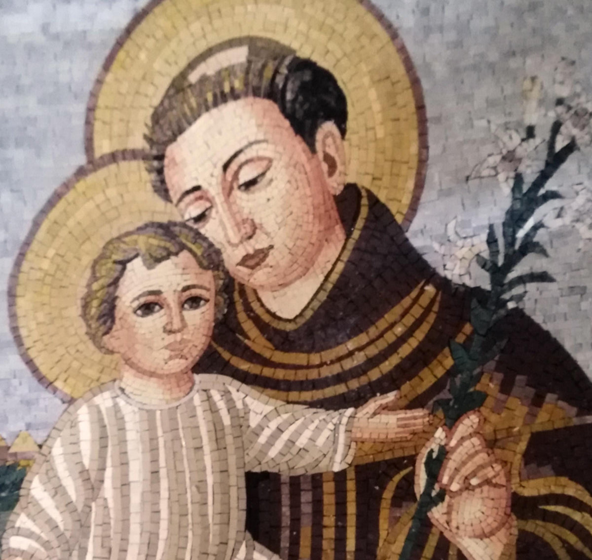 32"x38" Monk and Angelic Child Mosaic – Handmade Marble Tile Wall Art, Customization available