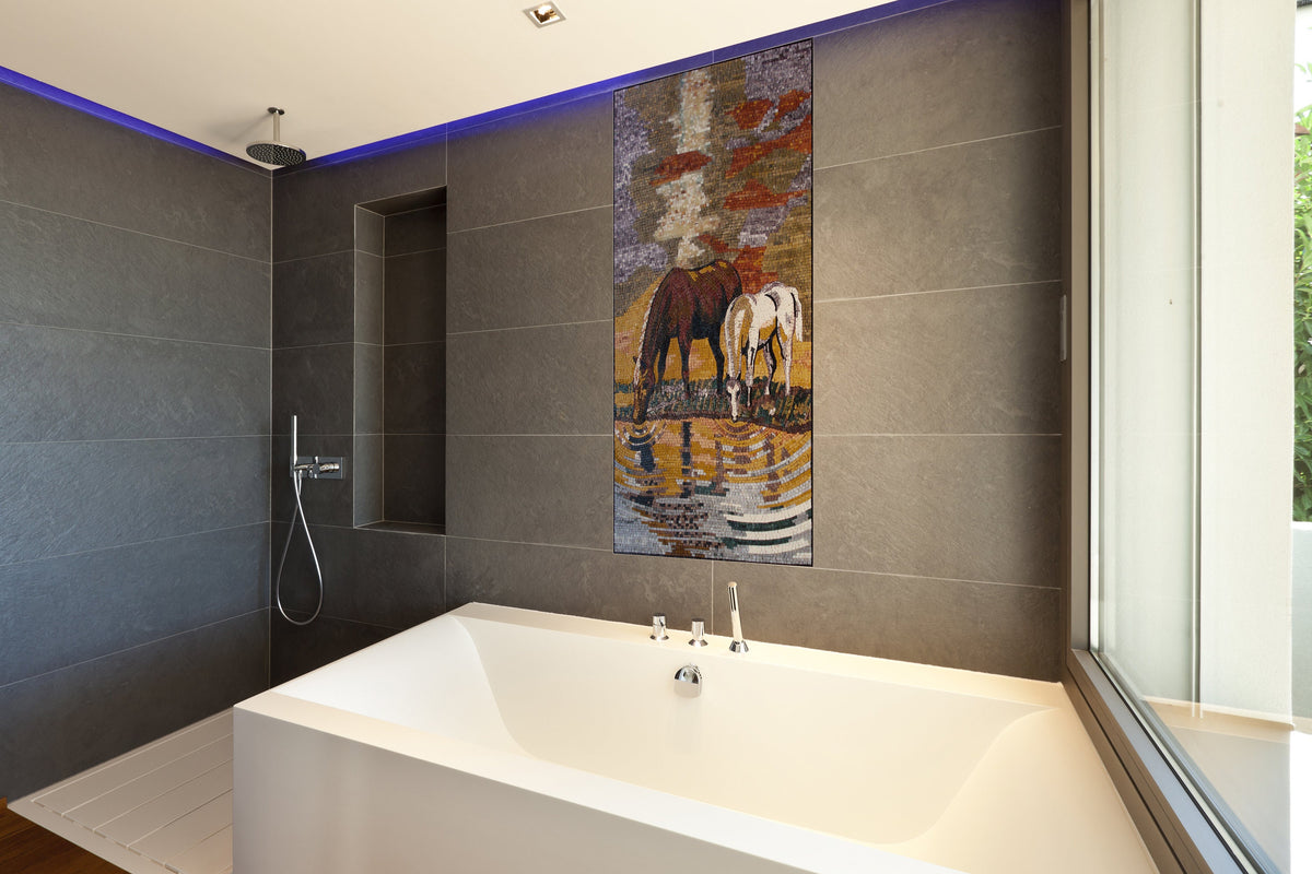 Handmade Horse Mosaic Art: Drinking Horses Stone Mural (52" x 28")