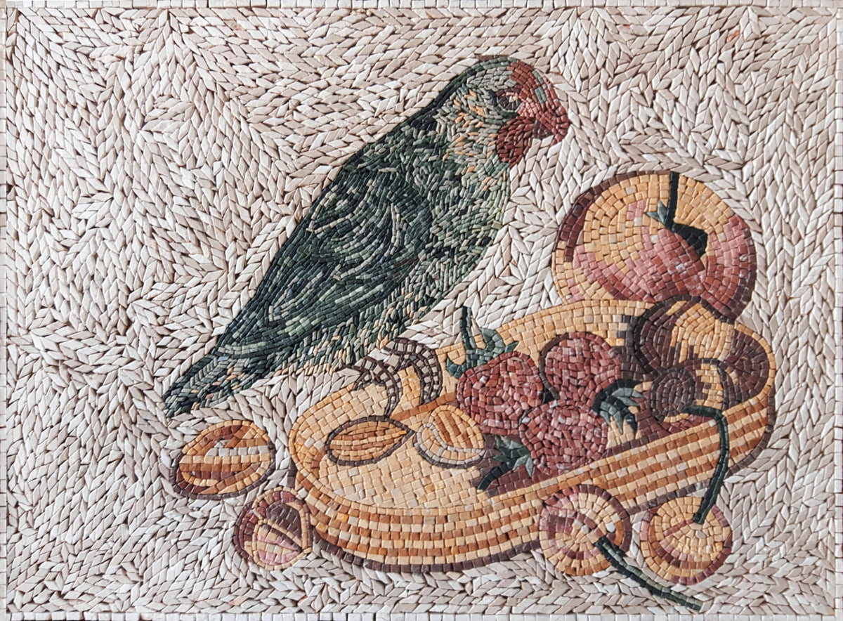 Handmade Parrot and Fruit Basket Mosaic Tile Art: Kitchen Backsplash