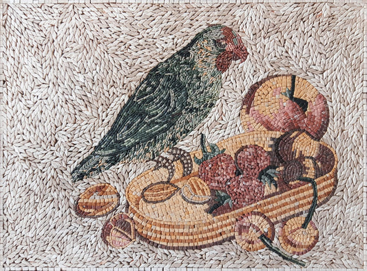 Handmade Parrot and Fruit Basket Mosaic Tile Art: Kitchen Backsplash