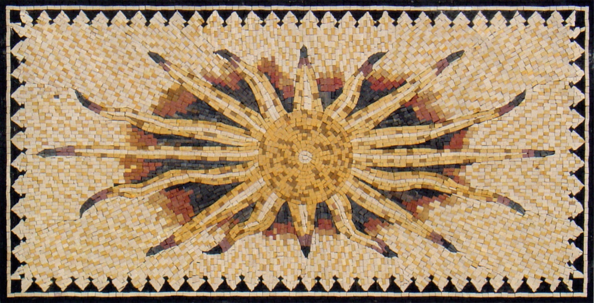 Handmade Marble Mosaic Rug: Flaming Sun Tile Art (56” x 28”)