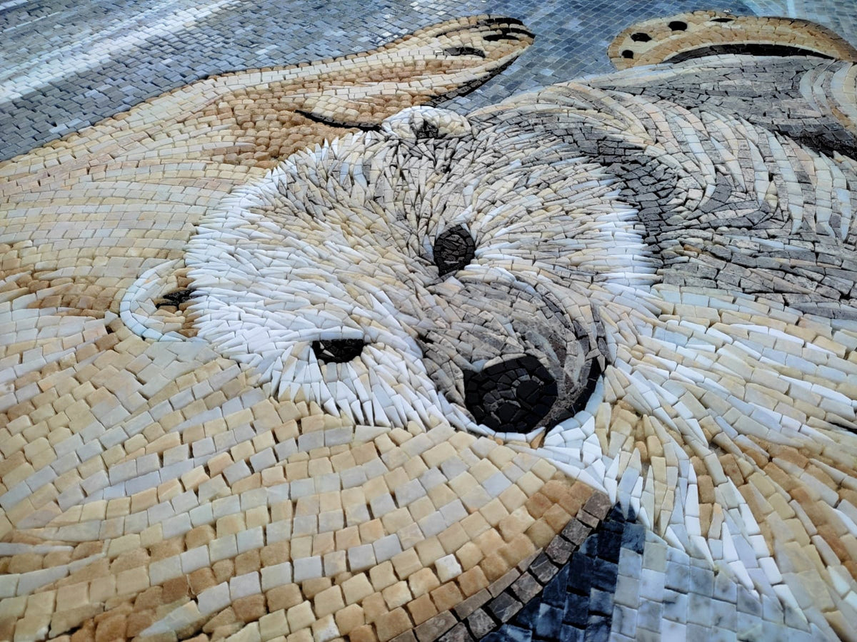 Handmade Polar Bear with Cub Marble Mosaic Tile Art