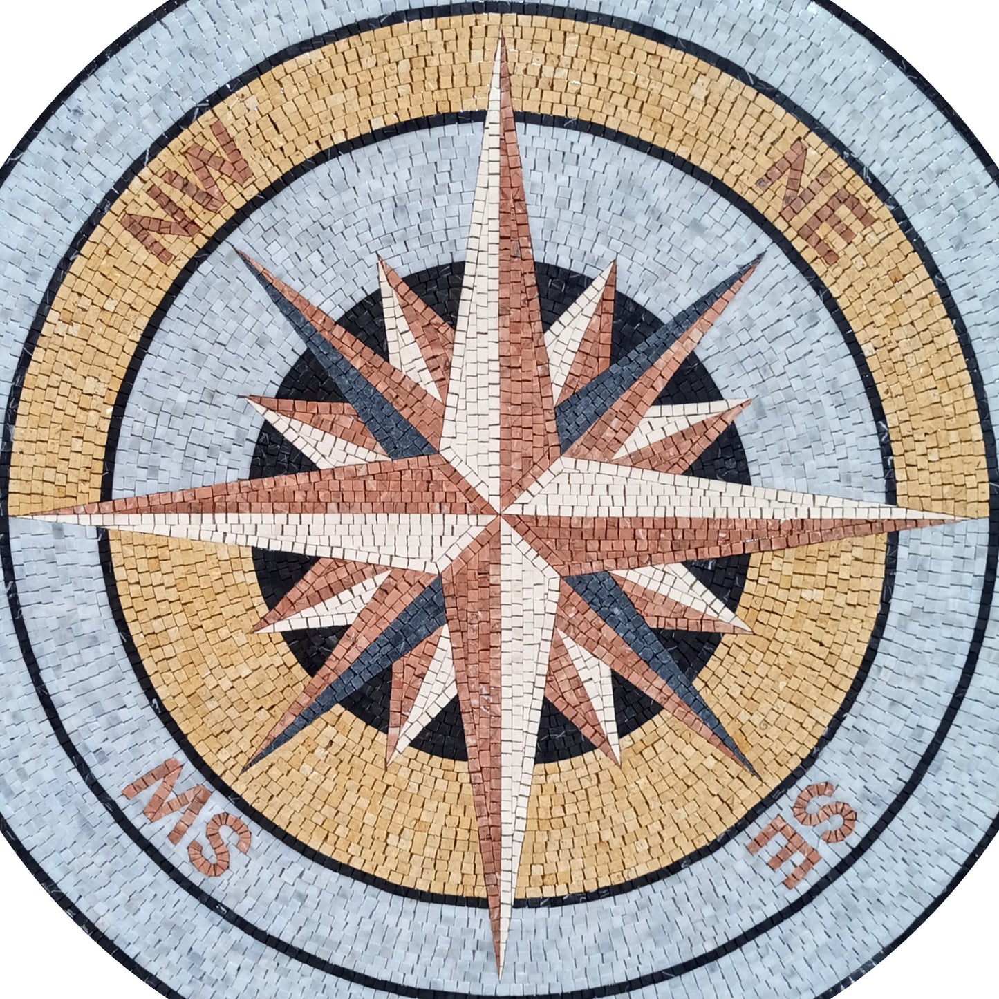 Handmade Nautical Compass Mosaic Tile Medallion: Indoor/Outdoor Stone Art (32" Diameter)