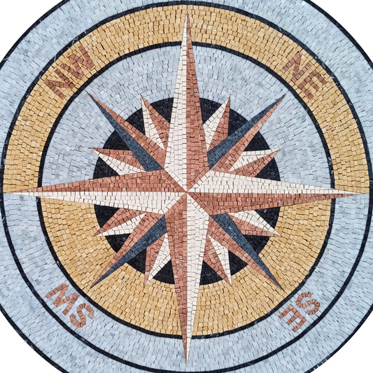 Handmade Nautical Compass Mosaic Tile Medallion: Indoor/Outdoor Stone Art (32" Diameter)