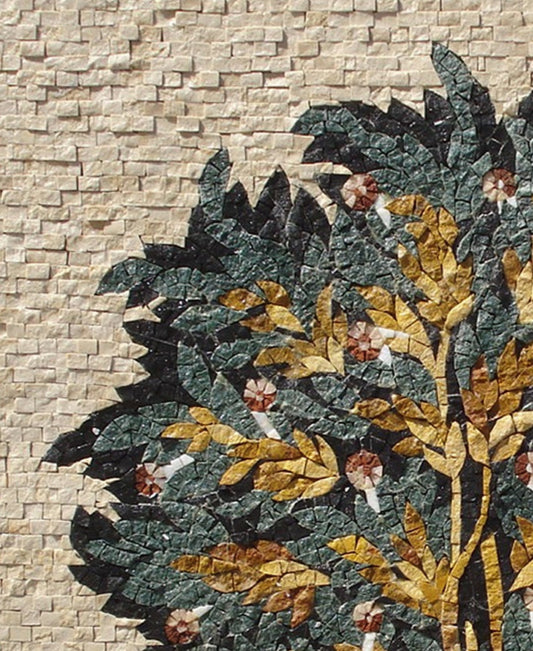 Handmade Tree of Life Mosaic Art Tile: Lion & Deer (28x28")
