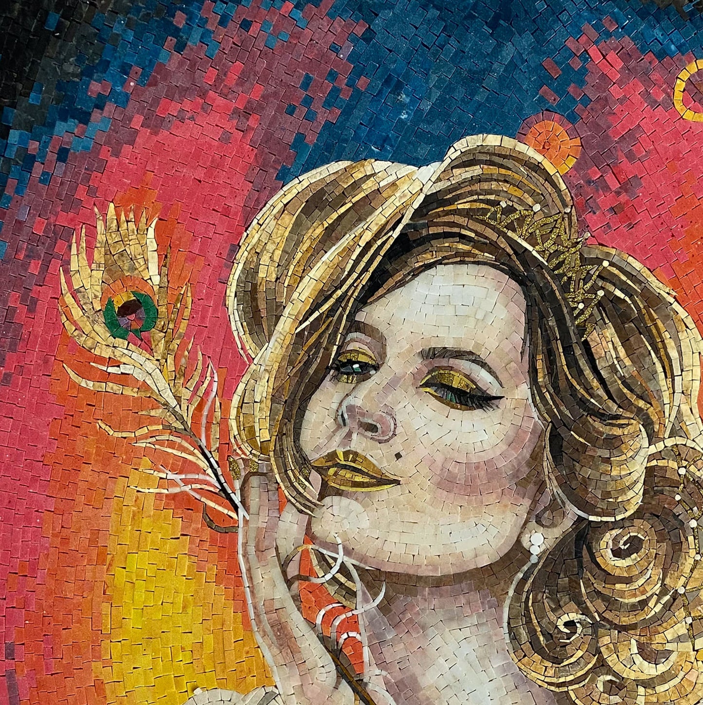 Leo Zodiac Mosaic Tile Art: Woman with Peacock Feather, Handmade