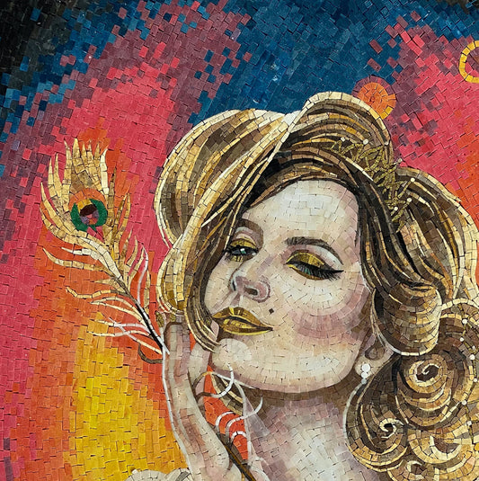 Leo Zodiac Mosaic Tile Art: Woman with Peacock Feather, Handmade