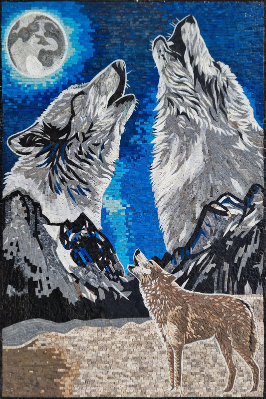 Handmade Marble Tile Mosaic: Wolf and Moon Night Sky Art (60x40)