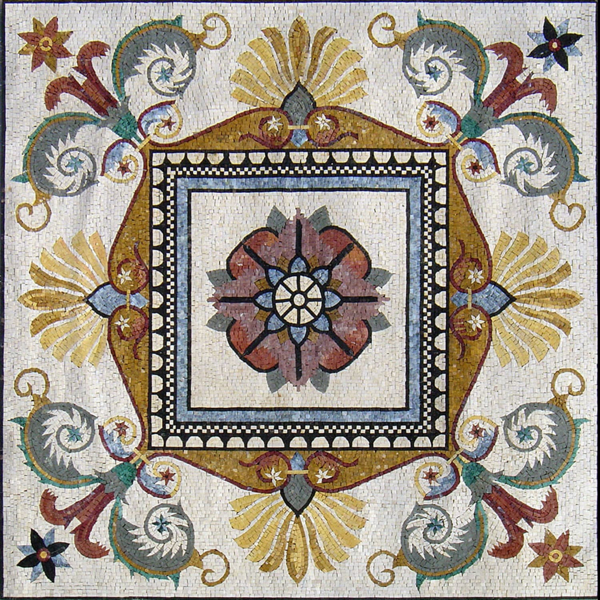 40" Floral Marble Mosaic Tile Medallion: Indoor/Outdoor Floor Art