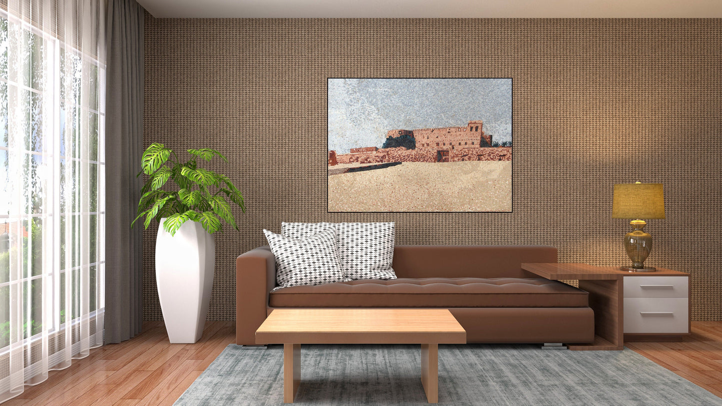 Handmade Marble Mosaic Tile: Vintage Fort Wall Art (54” x 40”)