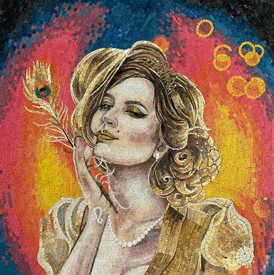 Leo Zodiac Mosaic Tile Art: Woman with Peacock Feather, Handmade