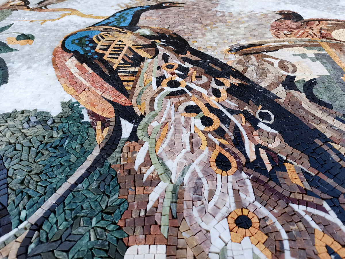 Handmade Bird Mosaic Tile: Peacock & Botanical Garden Wall Art (48” x 42”)
