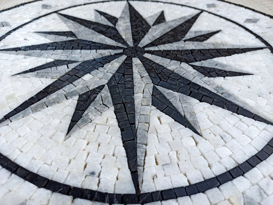 Handmade Marble Mosaic Medallion: Black and Grey Compass Artwork