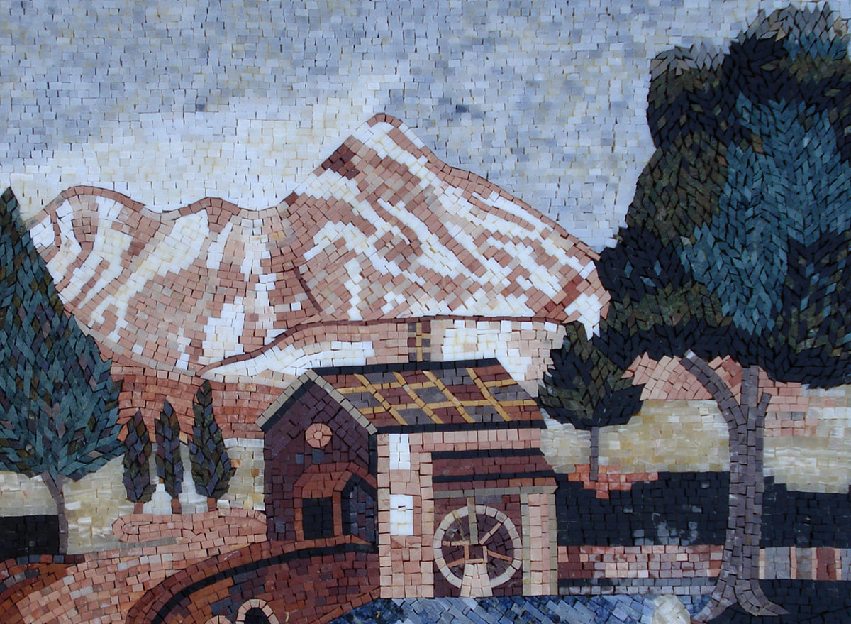 Handmade Marble Mosaic Tile Art: Water Dam House Botanical Tree
