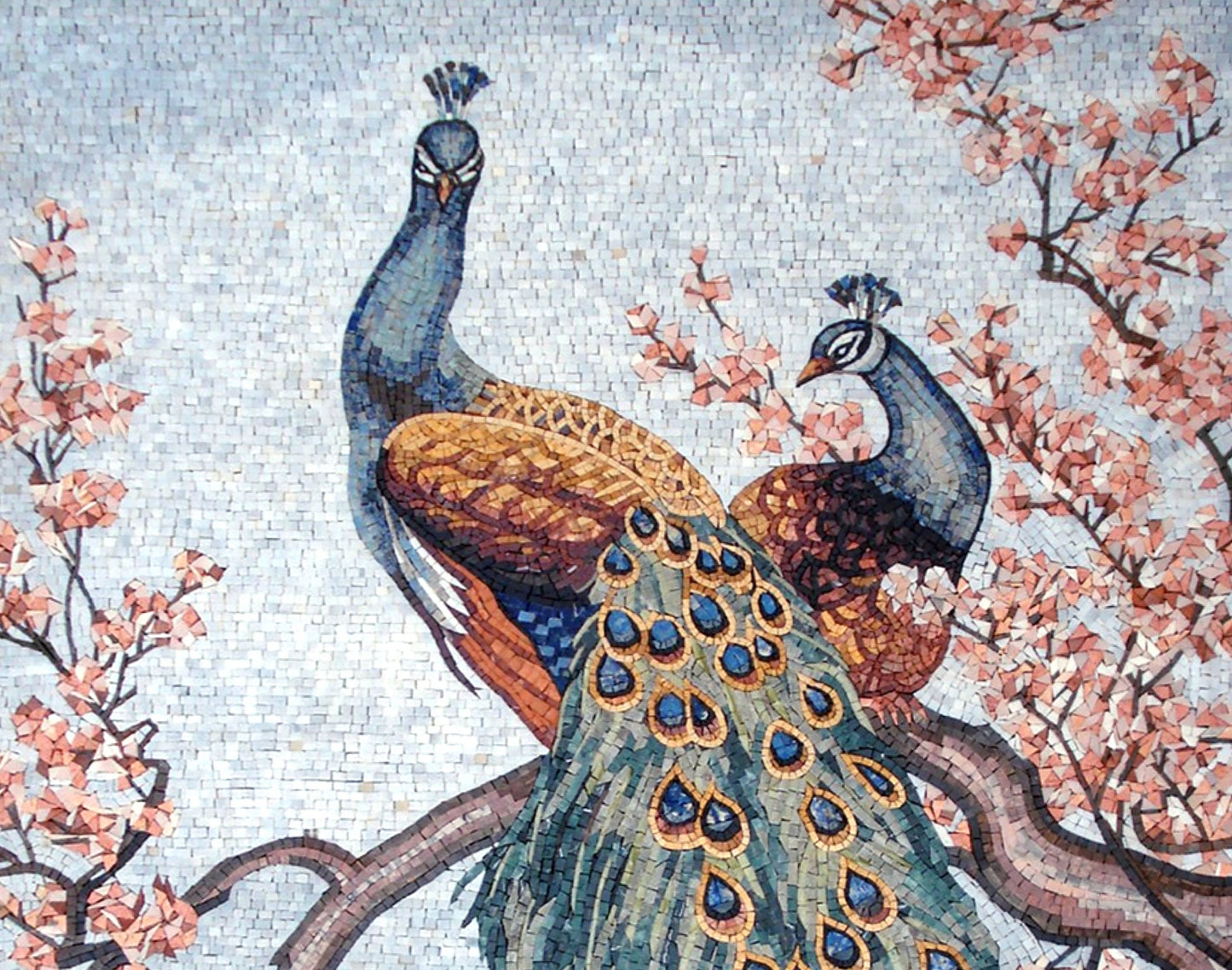 Handmade Peacock Mosaic Tile Art: Cherry Blossom Tree, 64"x48"