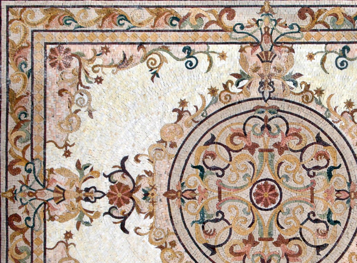 Handmade Marble Mosaic Rug: Floral Medallion, Stone Tile (80” x 60")