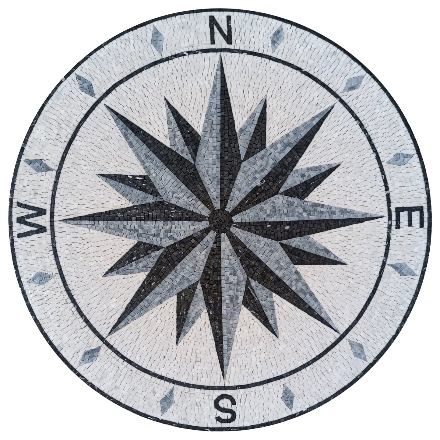 Handmade Greyscale Compass Rose Marble Mosaic Medallion Tile (32")
