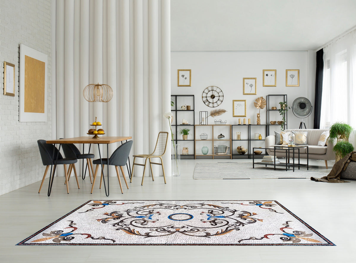 Handmade Marble Mosaic Rug: Floral Medallion Design (80” x 48")
