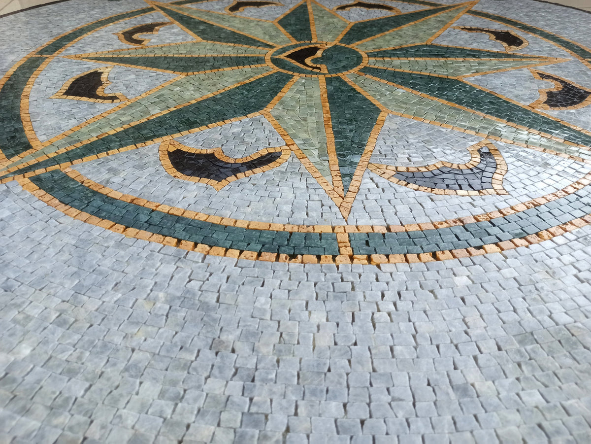 Handmade Marble Compass Mosaic Tile: Wind Rose Medallion (32" Diameter)