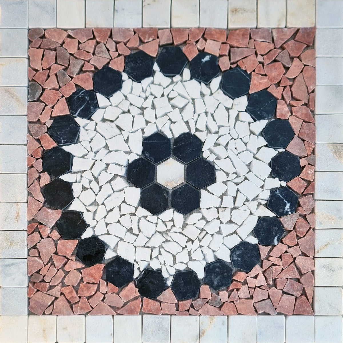Handmade Square Stone Mosaic Tile: Tropical Medallion Art (24x24")