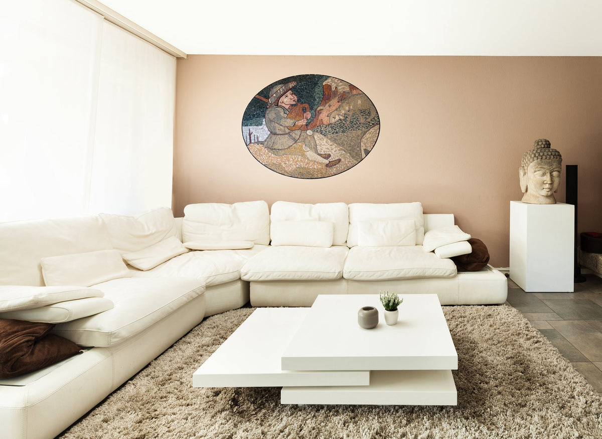 Handmade Shepherd Mosaic Mural: Stone & Marble Tile Art (52” x 32")