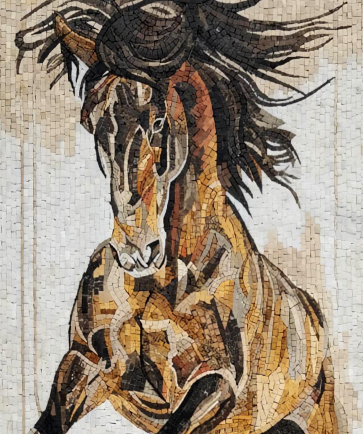 Handmade Horse Mosaic Tile Art: Brown Animal Wall Decor (48x24)