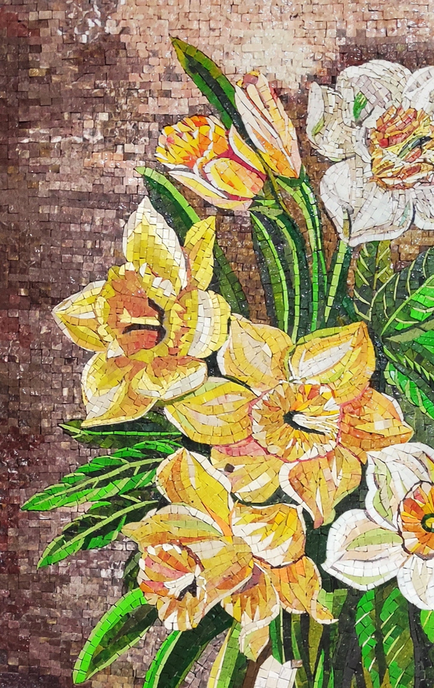 Floral Mosaic Art: Yellow & White Flowers in Vase, Wall Decor (48” x 24")