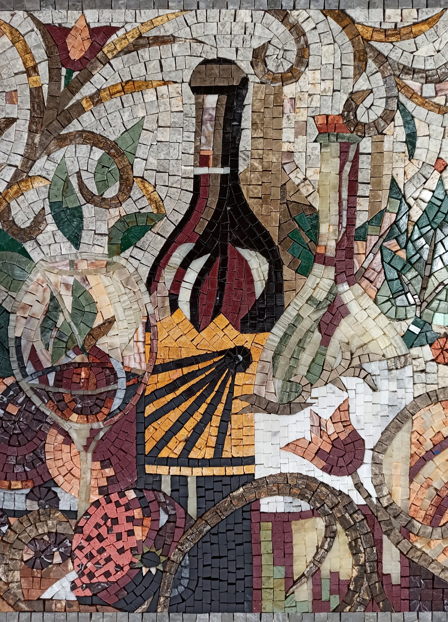 Tuscan Wine Mosaic: Handmade Marble Still Life Backsplash (24” x 16")