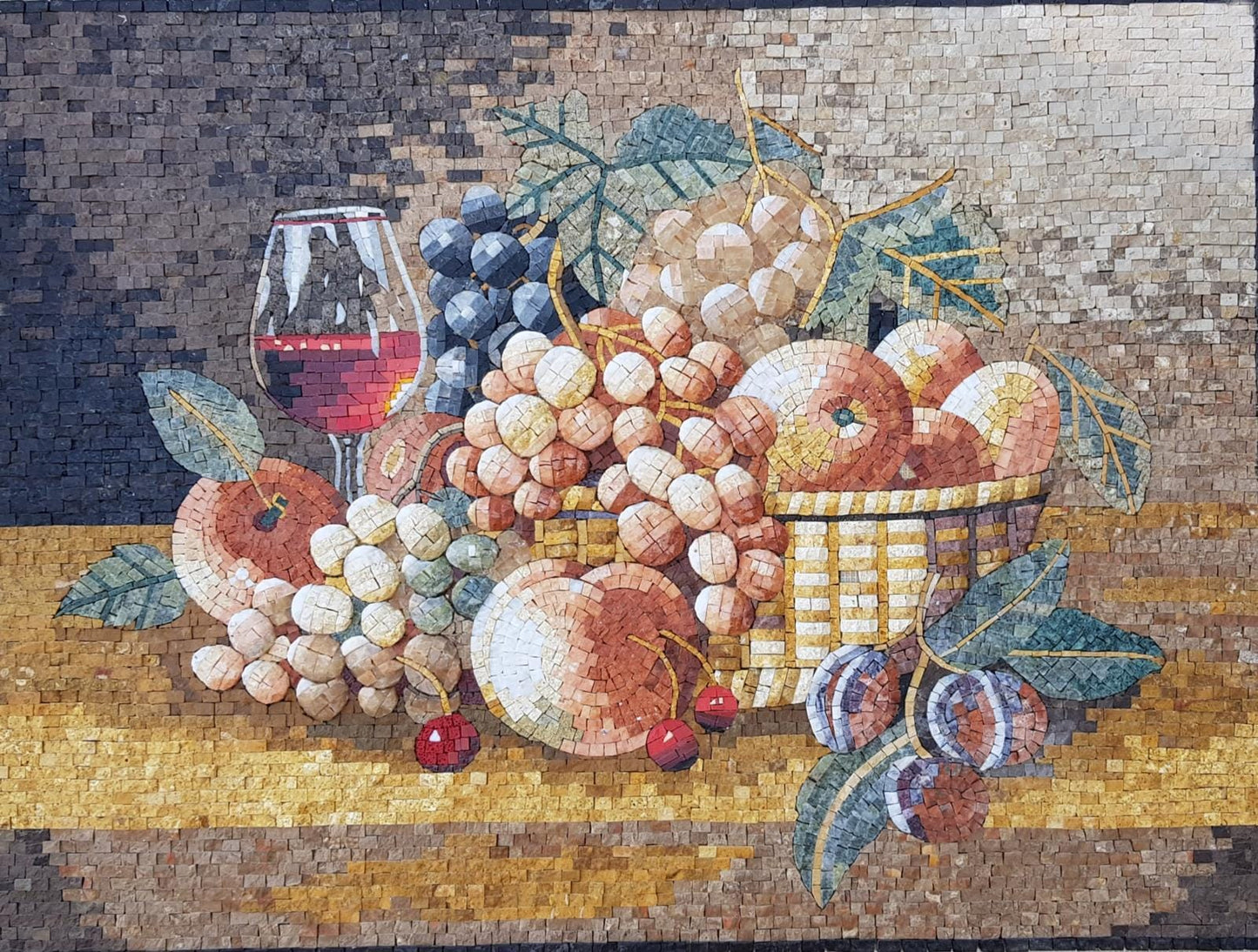Handmade Fruit and Wine Mosaic: Kitchen Backsplash Wall Art
