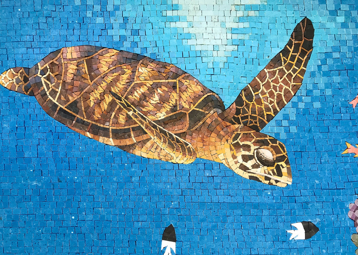 Handmade Sealife Mosaic Tile: Turtle & Fish Ocean Mural (48” x 36”)