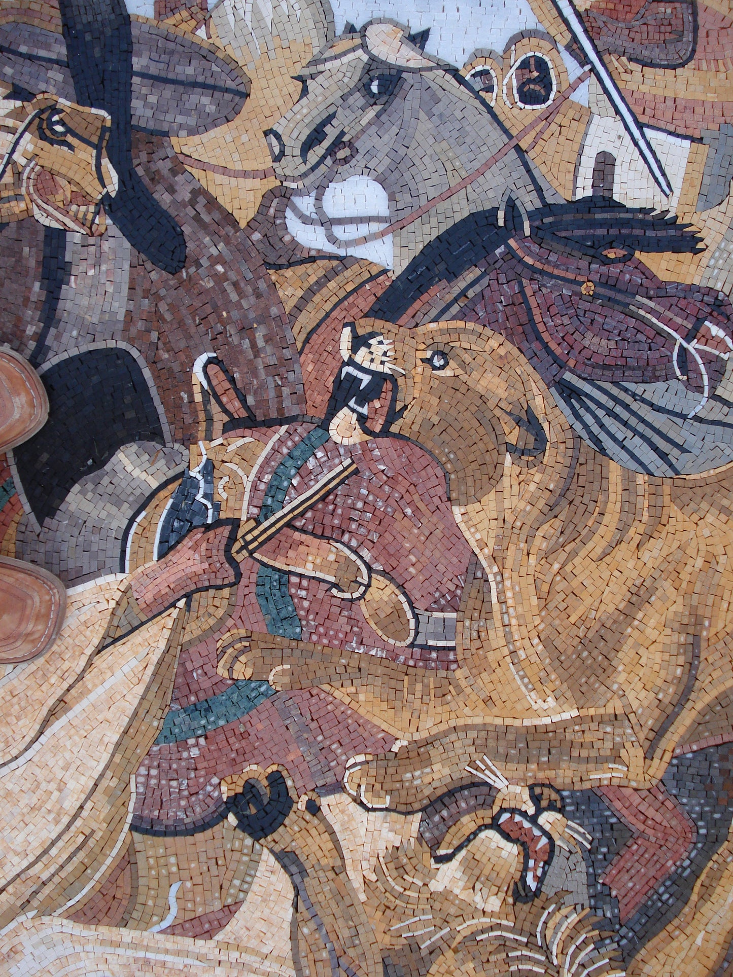 Lion Hunt Mosaic Mural: Horace Vernet Reproduction, Handmade Stone Tile Art